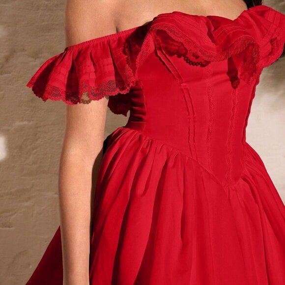 Red Elegant Women's Sexy Lace Petal Sleeve Plain Ruffle Bust Skater Dress - Picture 3 of 6